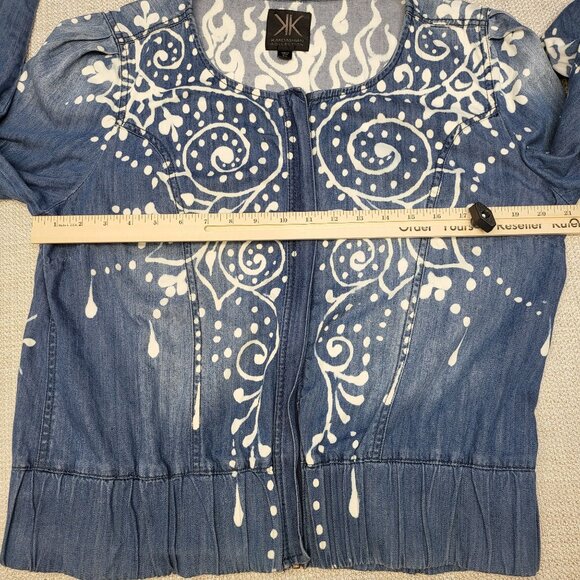 Kardashian Kollection Womens XL Denim Jacket With White Boho Print & Zipper Clos - Picture 12 of 16